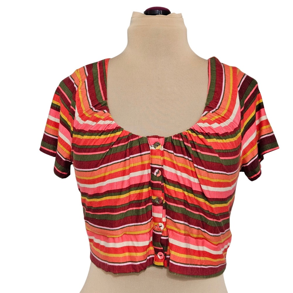 New BCBGeneration Variegated Stripe Button Front Crop Top Multicolor Size L Boho